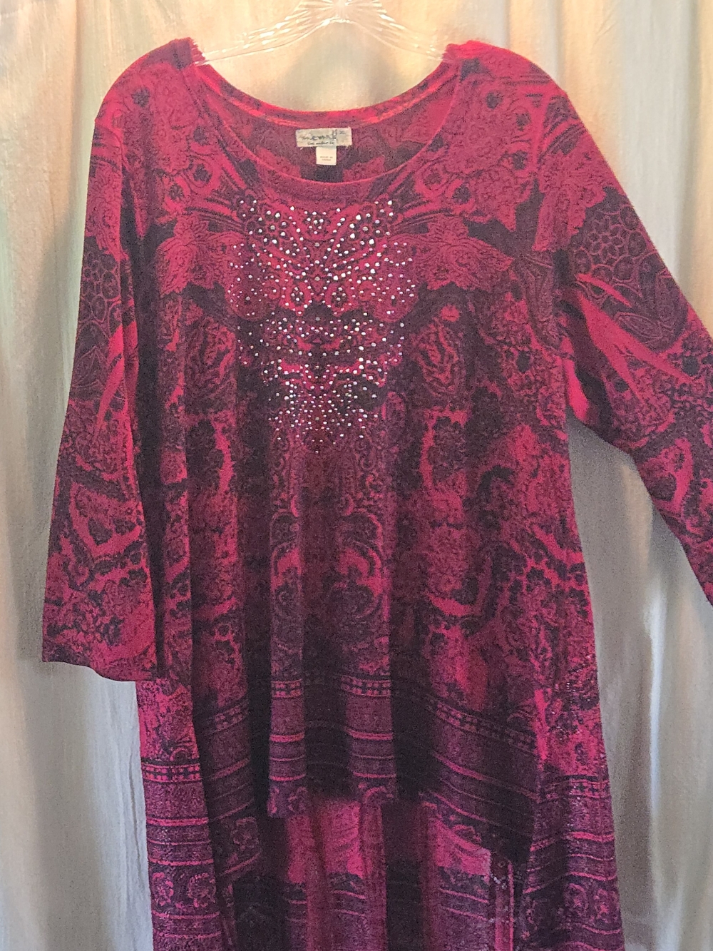 ONE WORLD Red and Black  Paisley Scoop Neck Tunic with Rhinestone Detail
